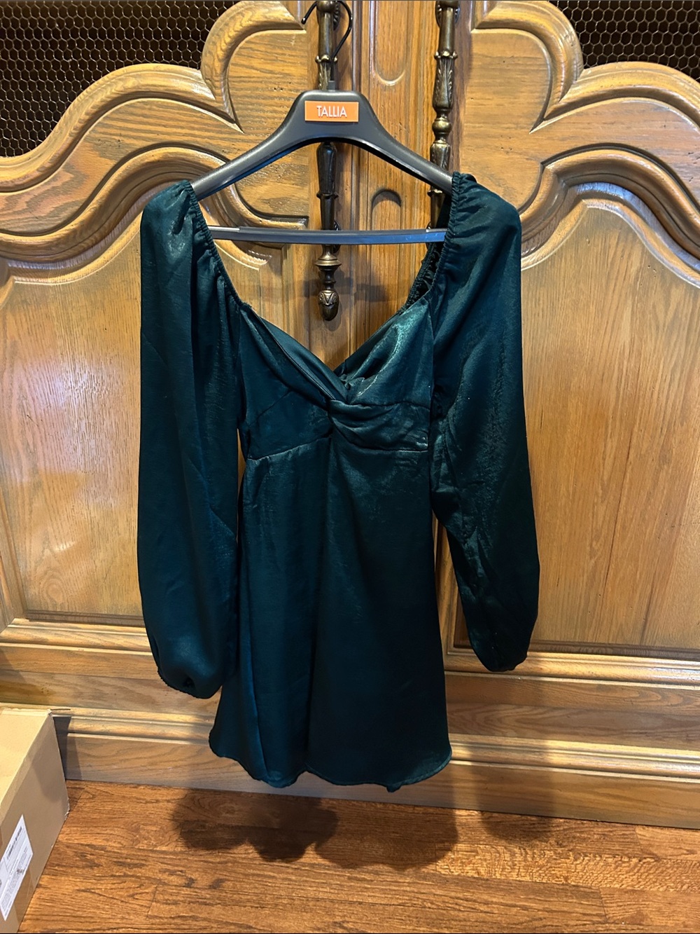 Altar'd State Deep Emerald Satin Long Sleeve Twist-Front Mini Dress
